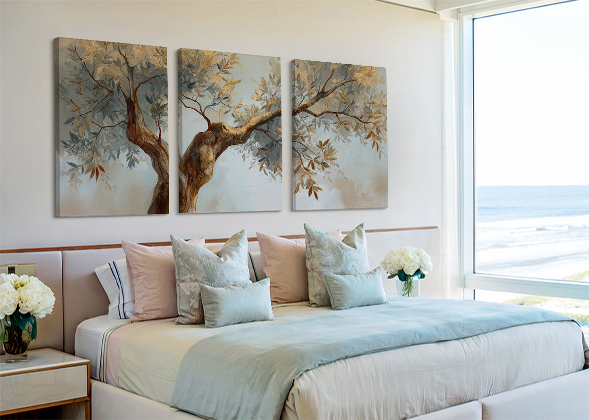 Golden Olive Tree Canvas Wall Art – Elegant Neutral Botanical Painting – Single & 3 Panel Canvas – AI PRINT LAB