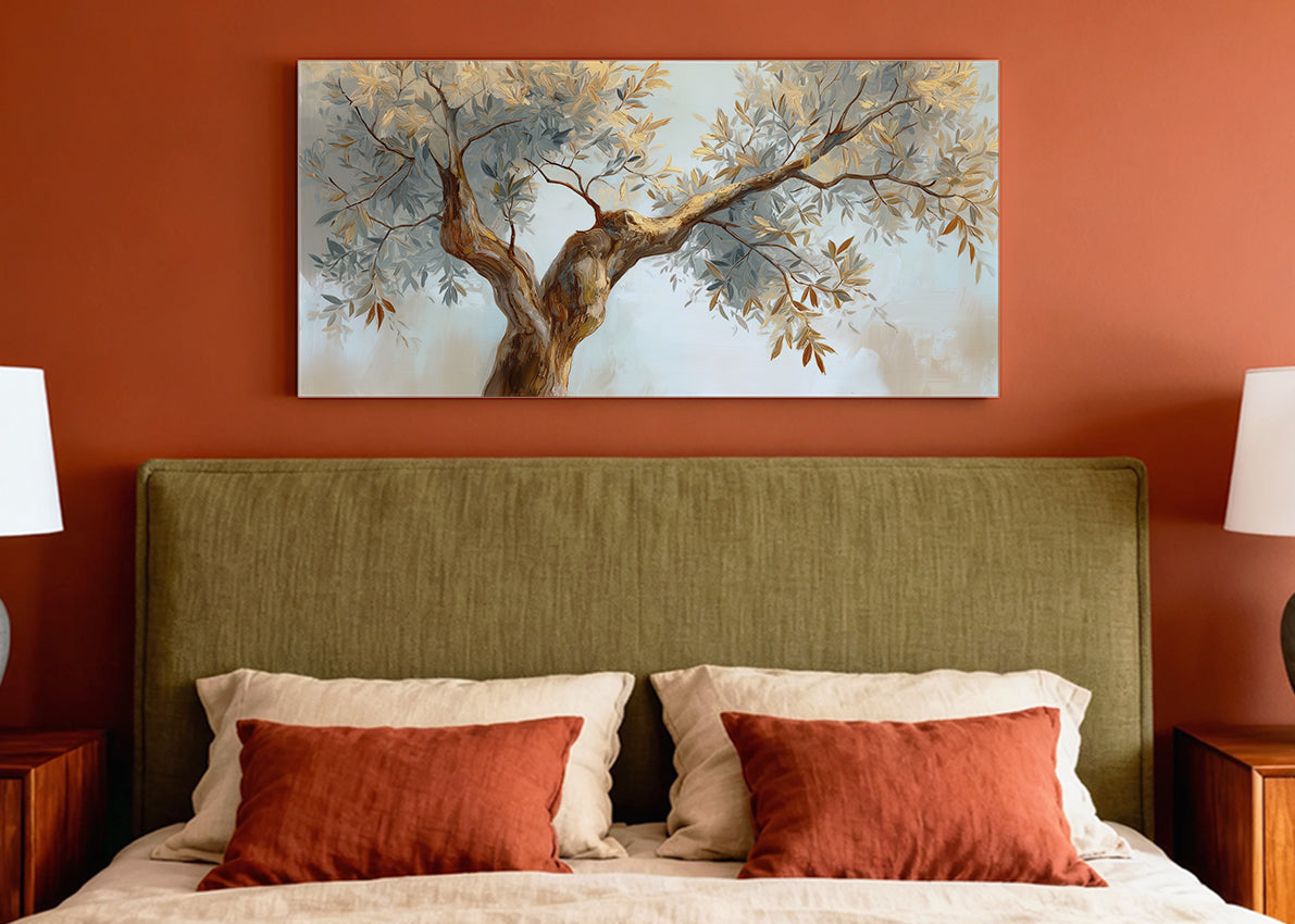 Golden Olive Tree Canvas Wall Art – Elegant Neutral Botanical Painting – Single & 3 Panel Canvas – AI PRINT LAB