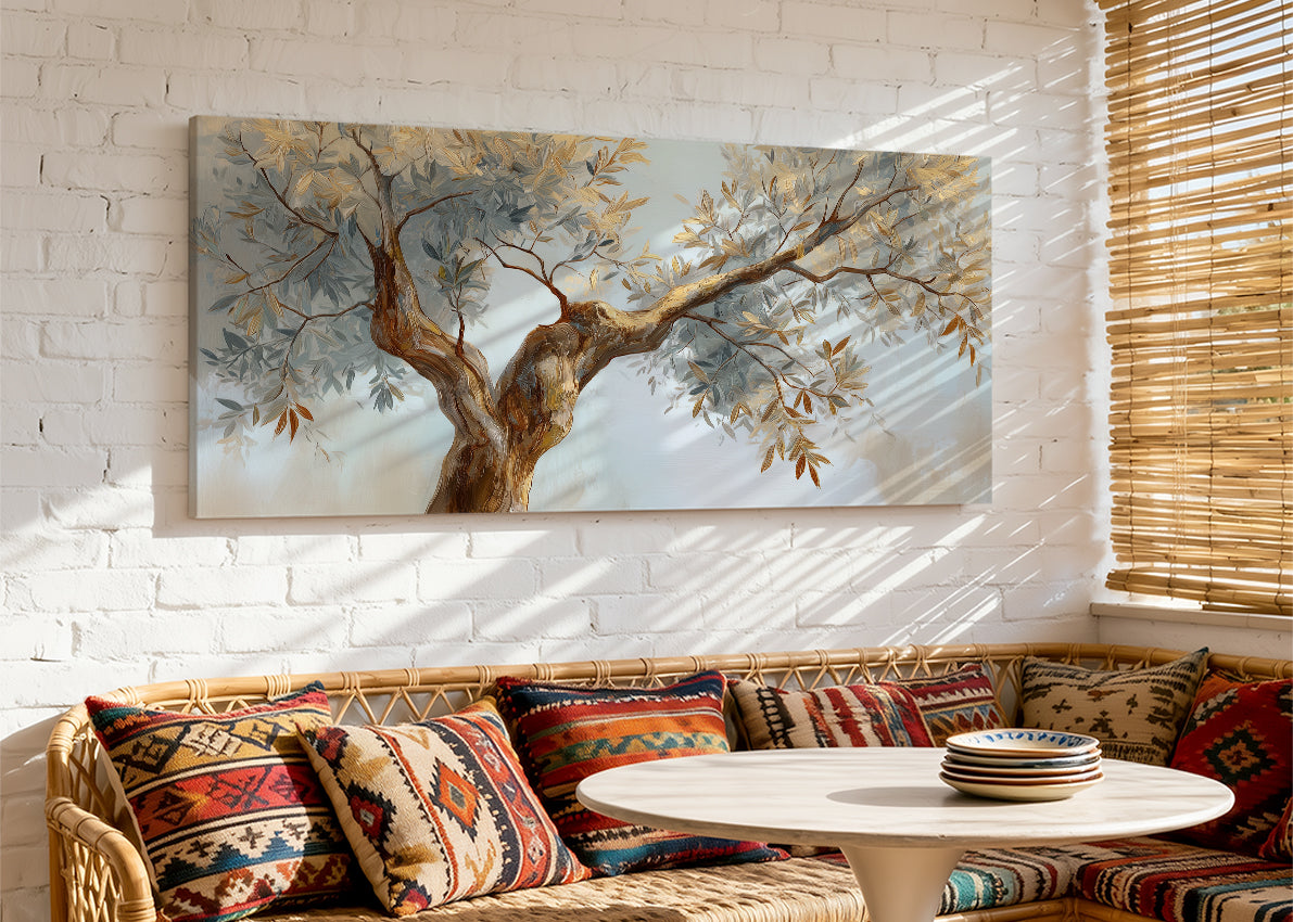 Golden Olive Tree Canvas Wall Art – Elegant Neutral Botanical Painting – Single & 3 Panel Canvas – AI PRINT LAB