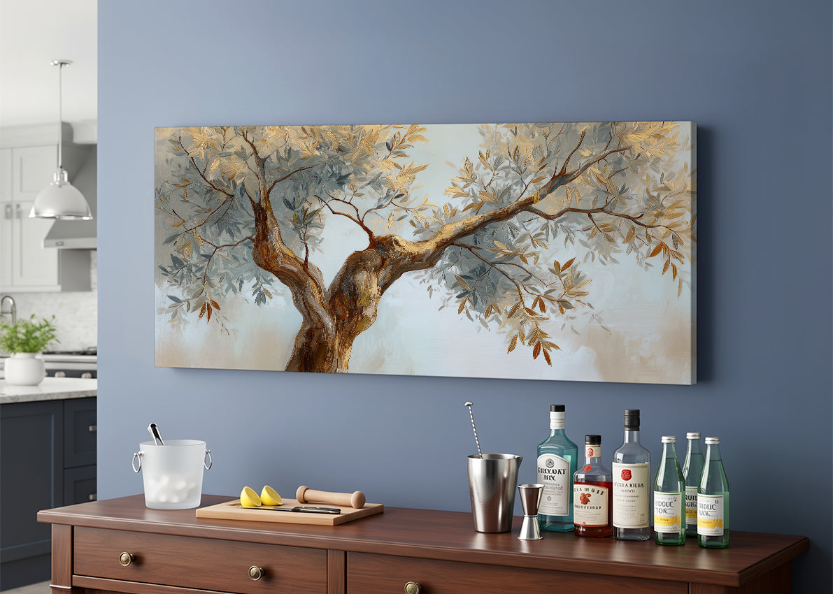Golden Olive Tree Canvas Wall Art – Elegant Neutral Botanical Painting – Single & 3 Panel Canvas – AI PRINT LAB