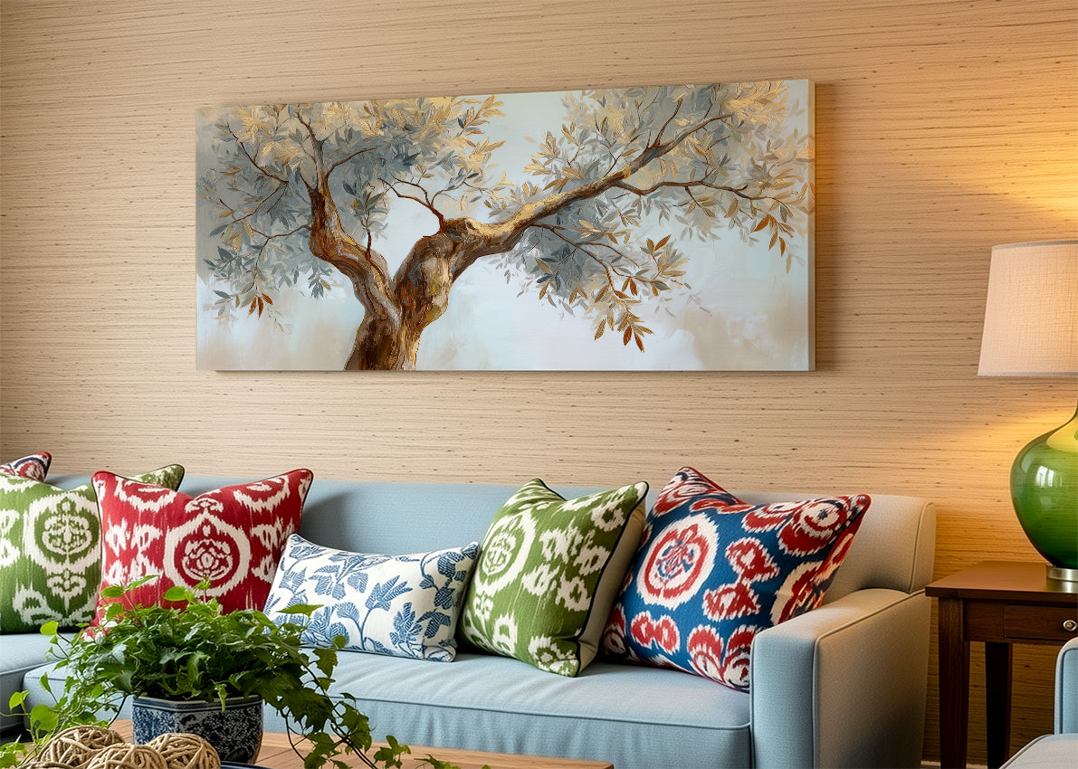 Golden Olive Tree Canvas Wall Art – Elegant Neutral Botanical Painting – Single & 3 Panel Canvas – AI PRINT LAB