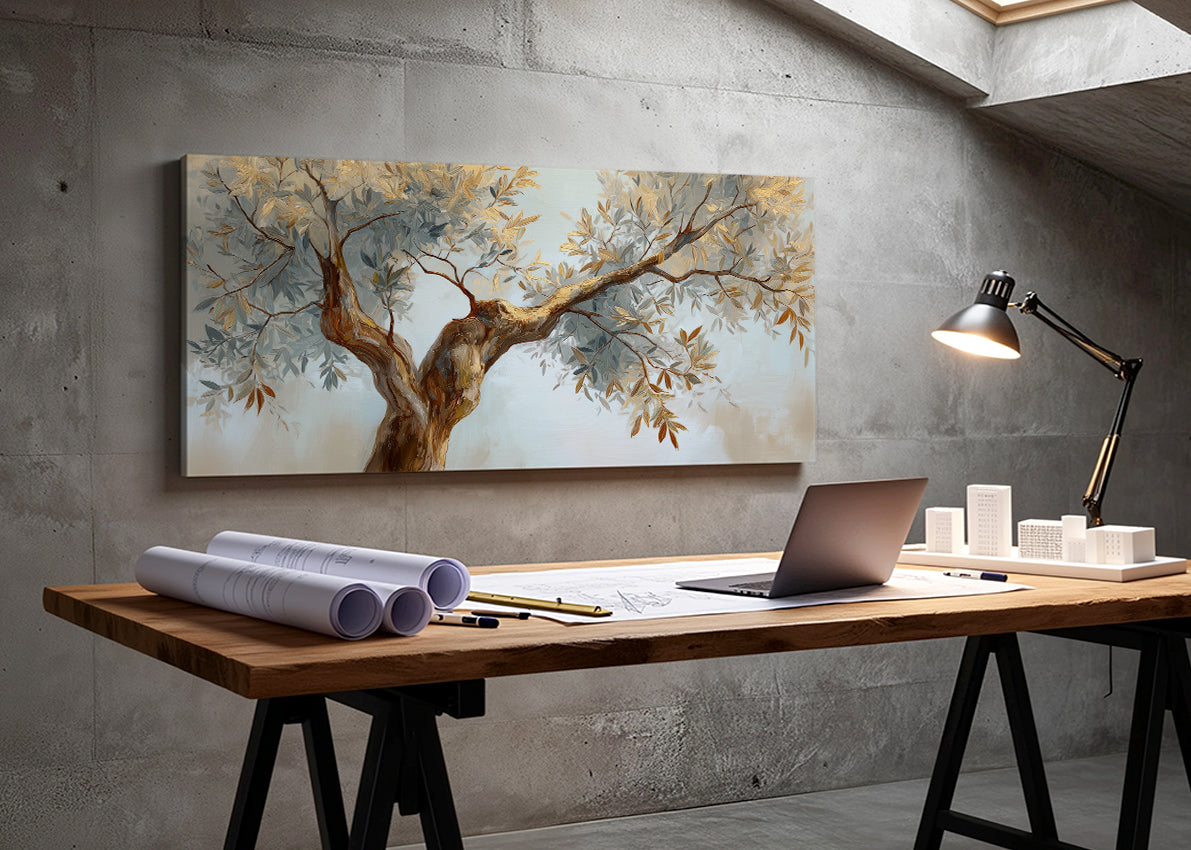 Golden Olive Tree Canvas Wall Art – Elegant Neutral Botanical Painting – Single & 3 Panel Canvas – AI PRINT LAB