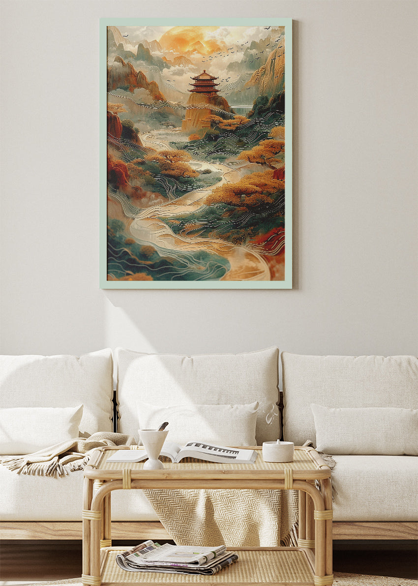 Golden Pagoda Valley – Oriental Mountain Landscape Canvas & Poster Print – AI PRINT LAB