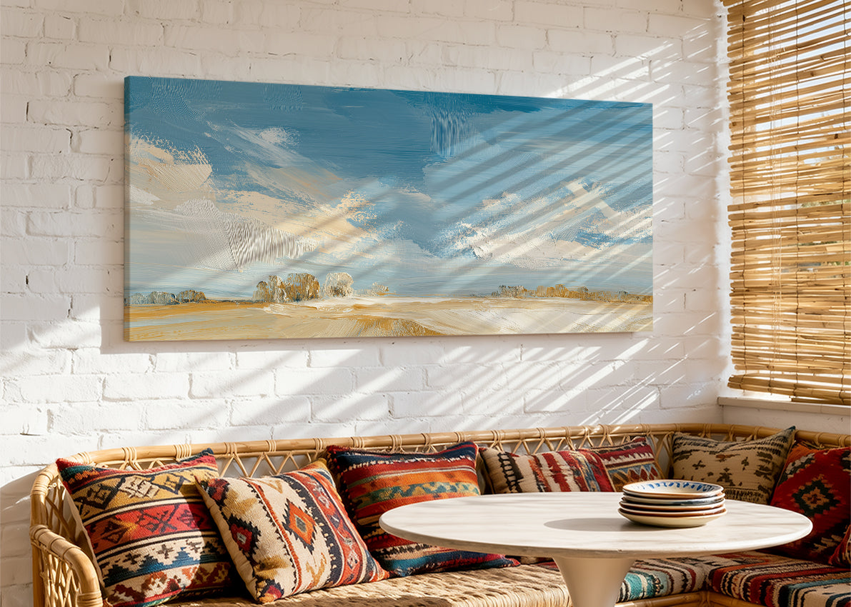 Golden Plains Blue Sky Landscape Canvas Wall Art – Single & 3 Panel Canvas – AI PRINT LAB