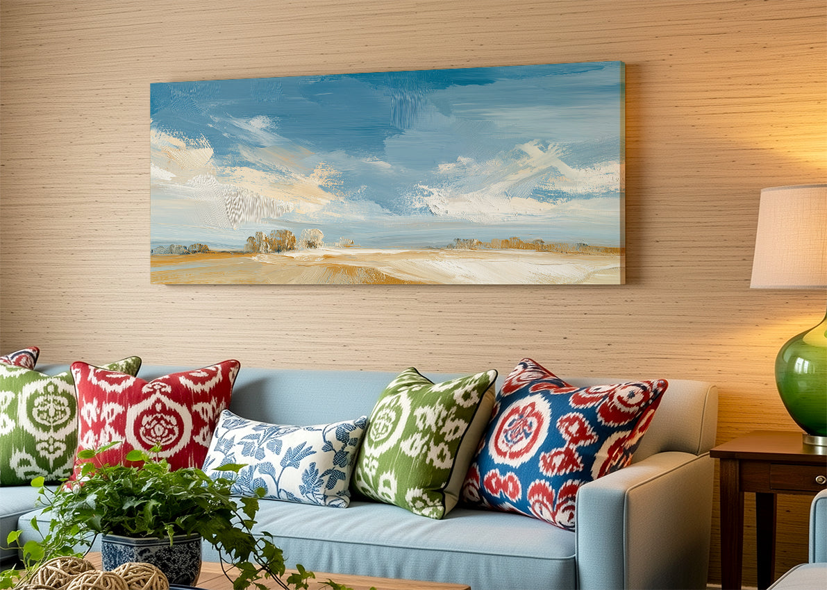 Golden Plains Blue Sky Landscape Canvas Wall Art – Single & 3 Panel Canvas – AI PRINT LAB