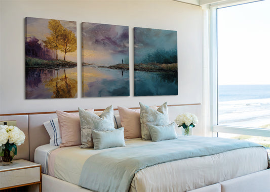 Golden Reflection Lake Landscape Canvas Wall Art – Single & 3 Panel Canvas – AI PRINT LAB
