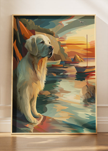 Golden Retriever Sunset Canvas Print & Poster – Coastal Dog Wall Art