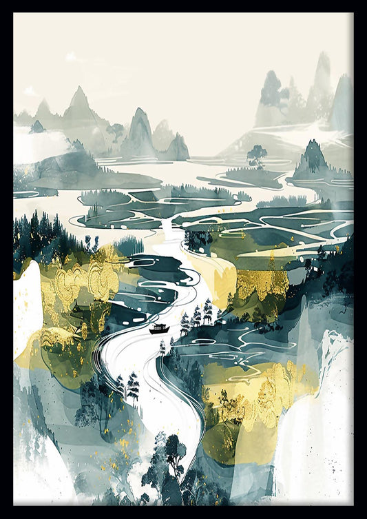 Golden River Flow – Abstract Asian Landscape Canvas & Poster Art – T810 – AiPrintLab