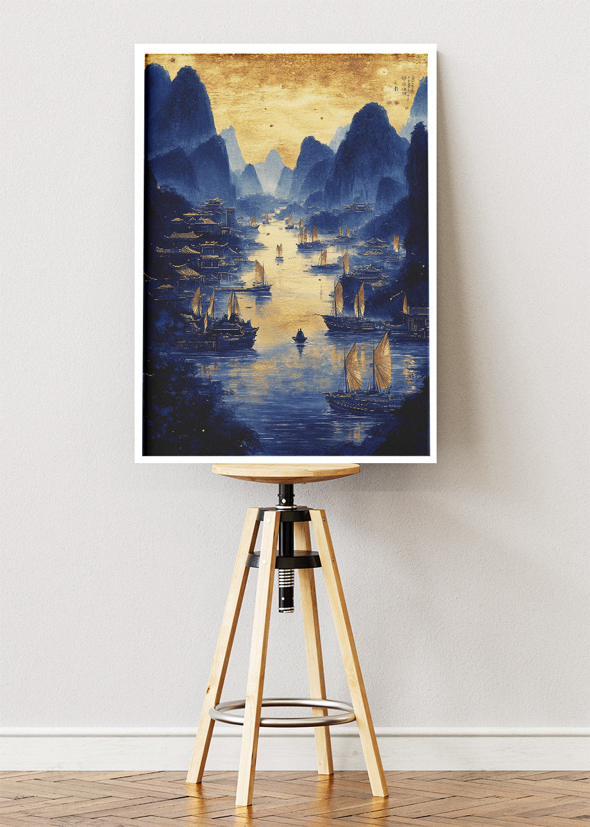 Golden River Harbour at Dusk – Oriental Blue & Gold Landscape Wall Art Poster & Canvas – AI PRINT LAB