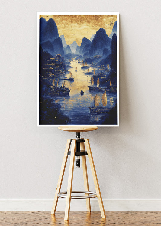 Golden River Harbour at Dusk – Oriental Blue & Gold Landscape Wall Art Poster & Canvas – AI PRINT LAB