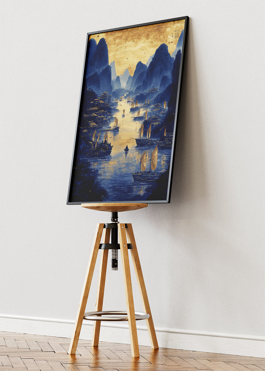 Golden River Harbour at Dusk – Oriental Blue & Gold Landscape Wall Art Poster & Canvas – AI PRINT LAB