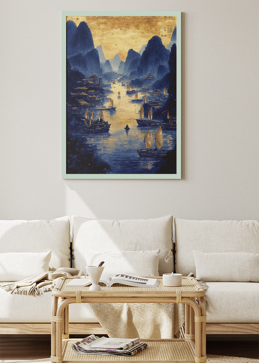 Golden River Harbour at Dusk – Oriental Blue & Gold Landscape Wall Art Poster & Canvas – AI PRINT LAB