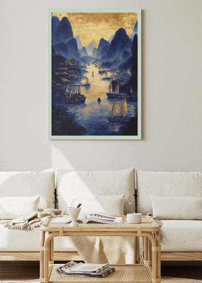 Golden River Harbour at Dusk – Oriental Blue & Gold Landscape Wall Art Poster & Canvas – AI PRINT LAB