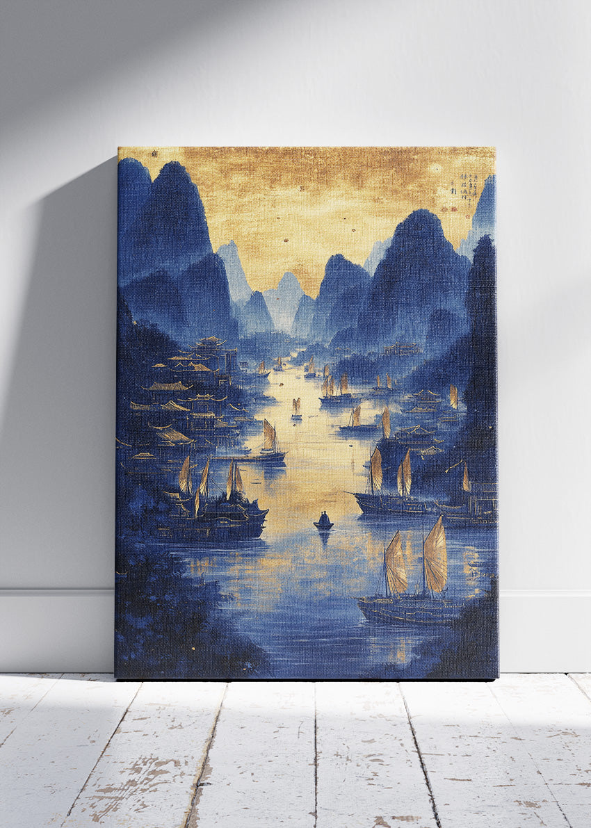 Golden River Harbour at Dusk – Oriental Blue & Gold Landscape Wall Art Poster & Canvas – AI PRINT LAB