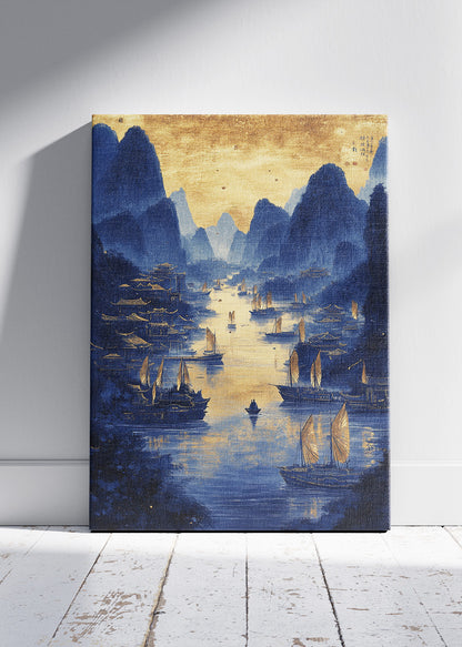 Golden River Harbour at Dusk – Oriental Blue & Gold Landscape Wall Art Poster & Canvas – AI PRINT LAB