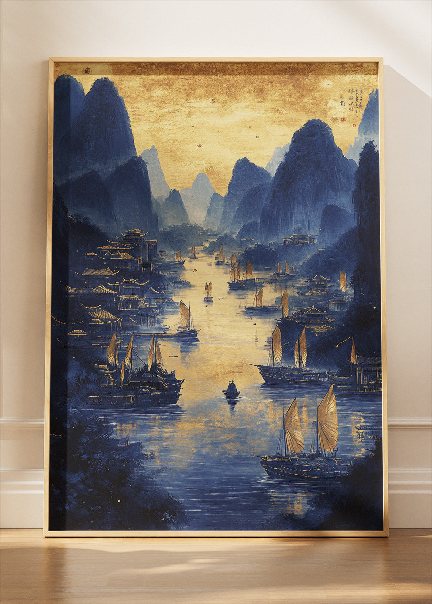 Golden River Harbour at Dusk – Oriental Blue & Gold Landscape Wall Art Poster & Canvas – AI PRINT LAB
