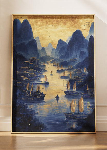 Golden River Harbour at Dusk – Oriental Blue & Gold Landscape Wall Art Poster & Canvas – AI PRINT LAB