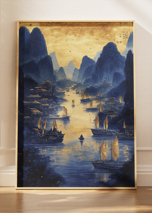 Golden River Harbour at Dusk – Oriental Blue & Gold Landscape Wall Art Poster & Canvas – AI PRINT LAB