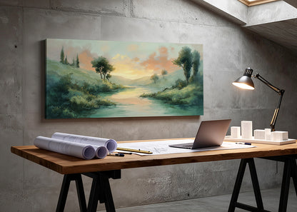 Golden River Hills Landscape Canvas Wall Art – Single & 3 Panel Canvas – AI PRINT LAB