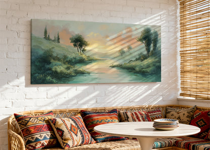 Golden River Hills Landscape Canvas Wall Art – Single & 3 Panel Canvas – AI PRINT LAB