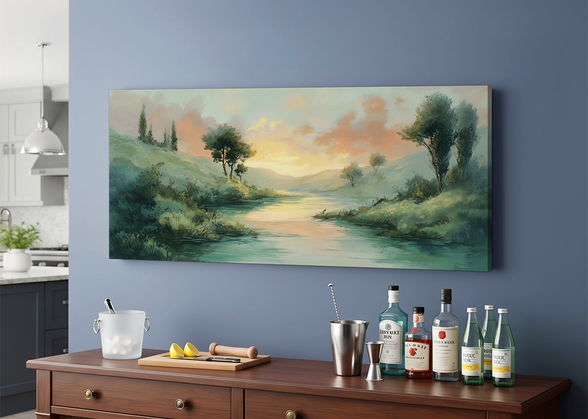 Golden River Hills Landscape Canvas Wall Art – Single & 3 Panel Canvas – AI PRINT LAB