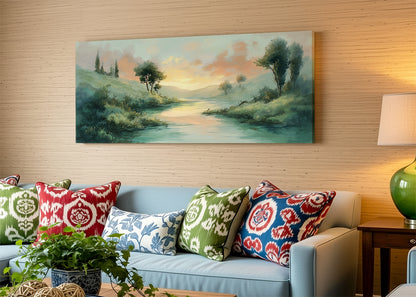 Golden River Hills Landscape Canvas Wall Art – Single & 3 Panel Canvas – AI PRINT LAB