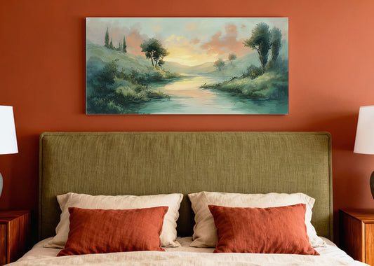 Golden River Hills Landscape Canvas Wall Art – Single & 3 Panel Canvas – AI PRINT LAB