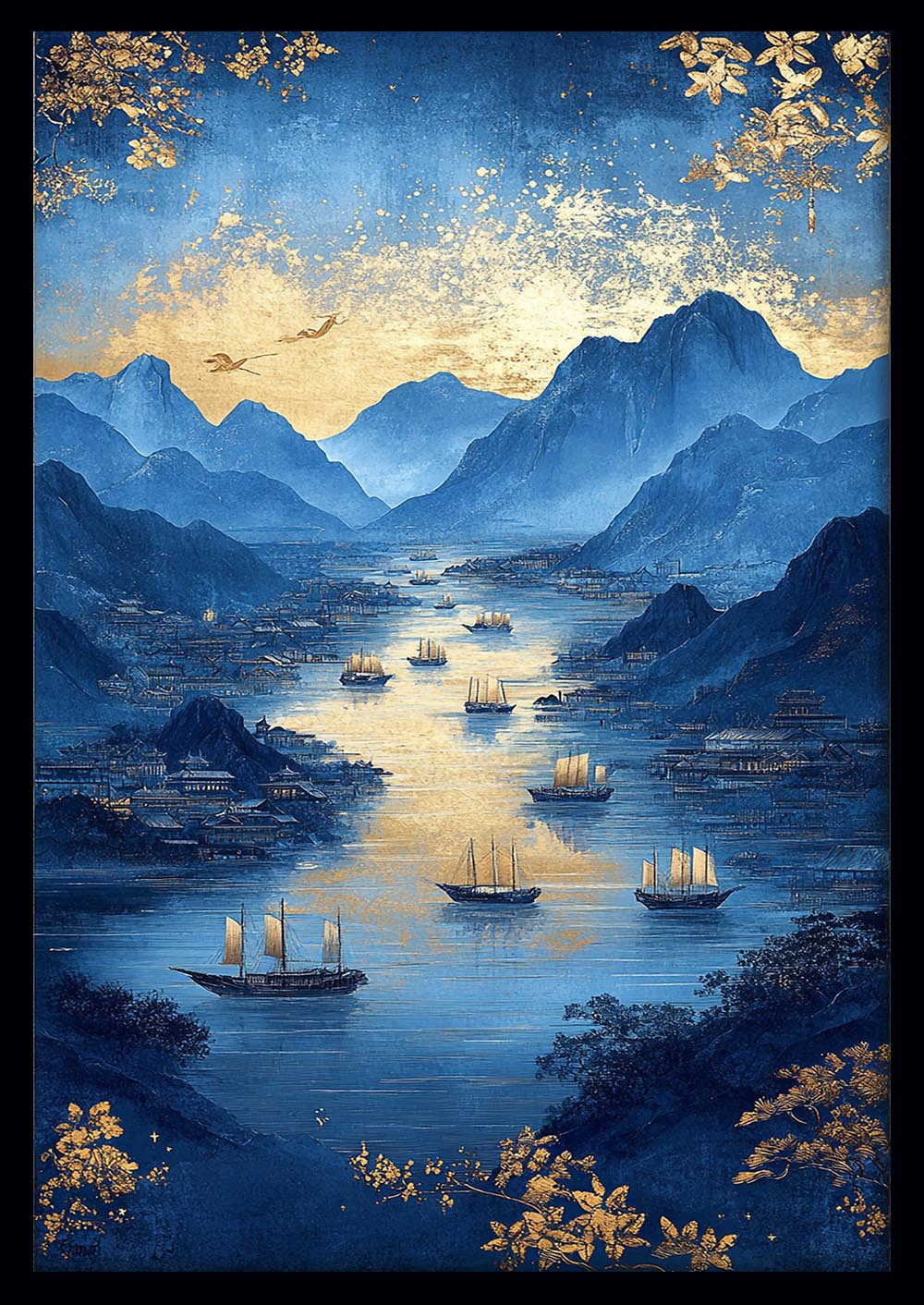 Golden River Through Blue Mountains – Oriental Landscape Canvas & Poster Art – T1434 –