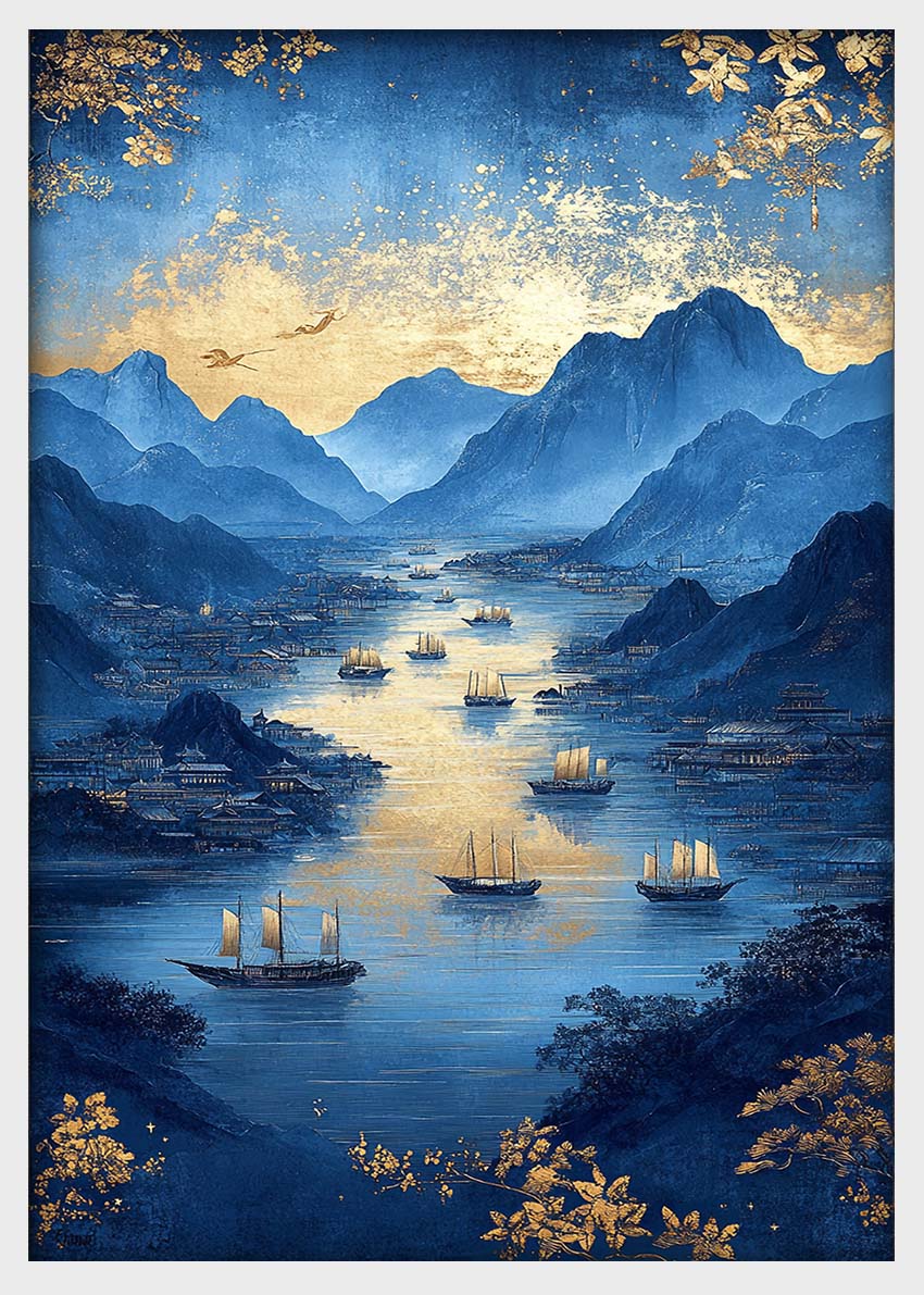 Golden River Through Blue Mountains – Oriental Landscape Canvas & Poster Art – T1434 –