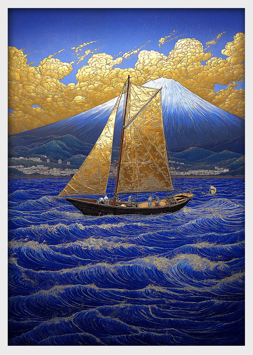 Golden Sail Before Mount Fuji – Japanese Landscape Canvas & Poster Print – T1432 –