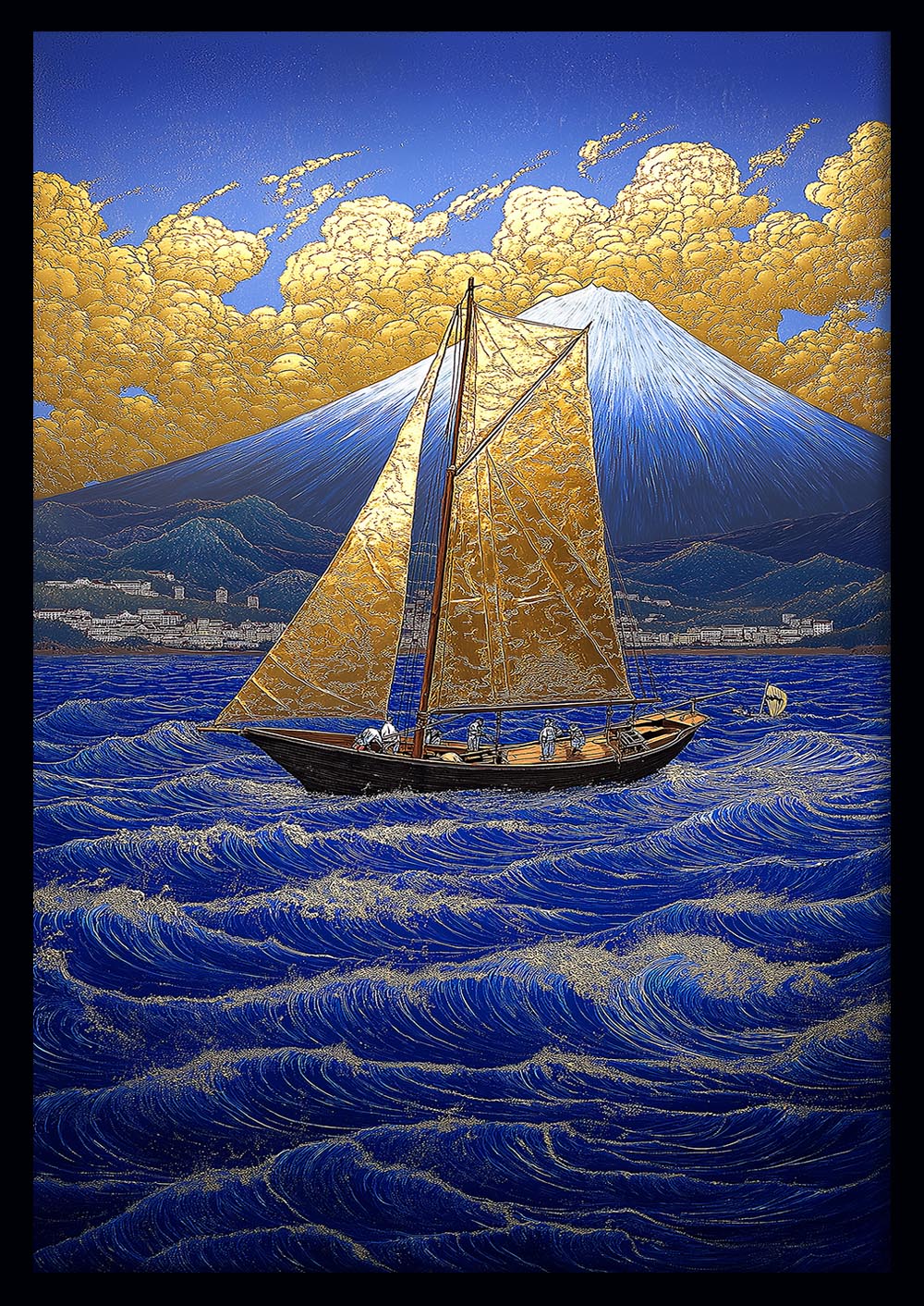 Golden Sail Before Mount Fuji – Japanese Landscape Canvas & Poster Print – T1432 –