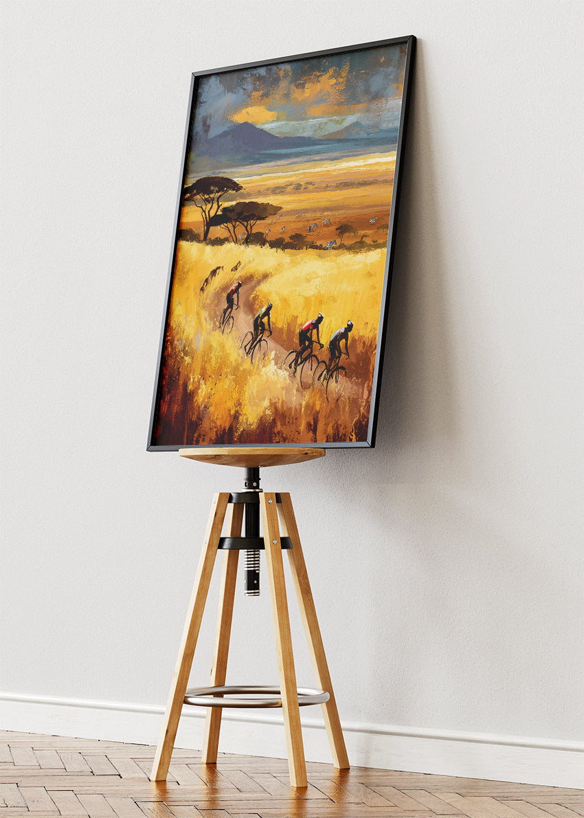 Golden Savanna Cycling Poster & Canvas Art Print – Endless Horizon Ride