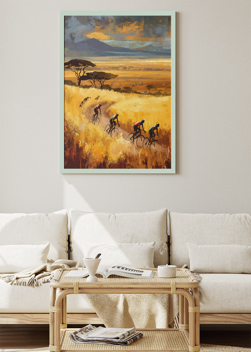 Golden Savanna Cycling Poster & Canvas Art Print – Endless Horizon Ride