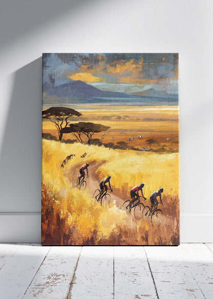 Golden Savanna Cycling Poster & Canvas Art Print – Endless Horizon Ride