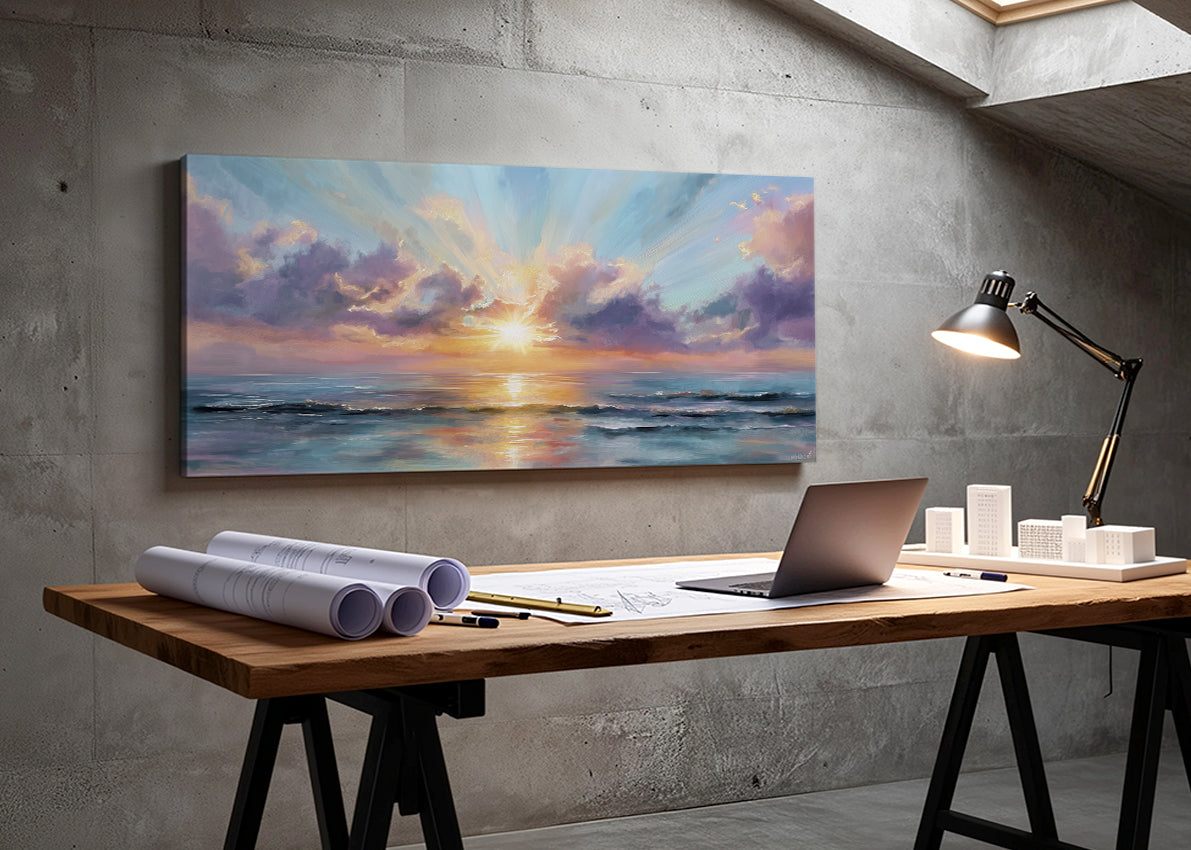 Golden Sunrise Over Ocean Canvas Wall Art – Single & 3 Panel Split – AI PRINT LAB