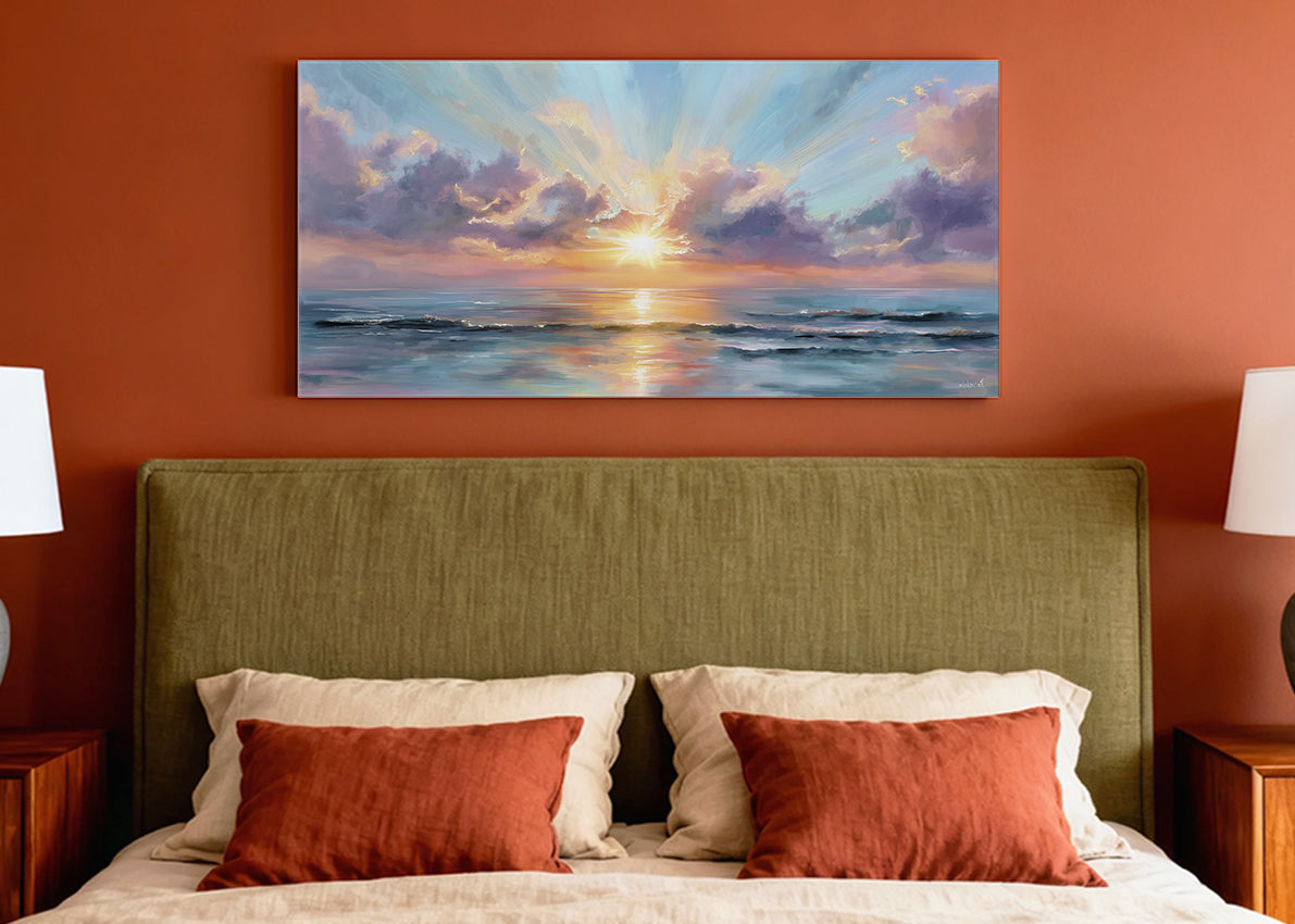 Golden Sunrise Over Ocean Canvas Wall Art – Single & 3 Panel Split – AI PRINT LAB