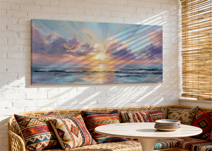 Golden Sunrise Over Ocean Canvas Wall Art – Single & 3 Panel Split – AI PRINT LAB