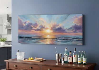 Golden Sunrise Over Ocean Canvas Wall Art – Single & 3 Panel Split – AI PRINT LAB