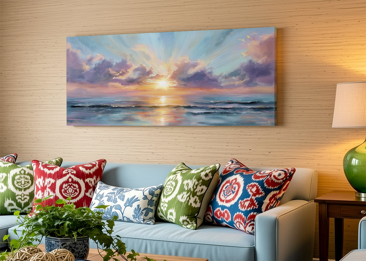 Golden Sunrise Over Ocean Canvas Wall Art – Single & 3 Panel Split – AI PRINT LAB