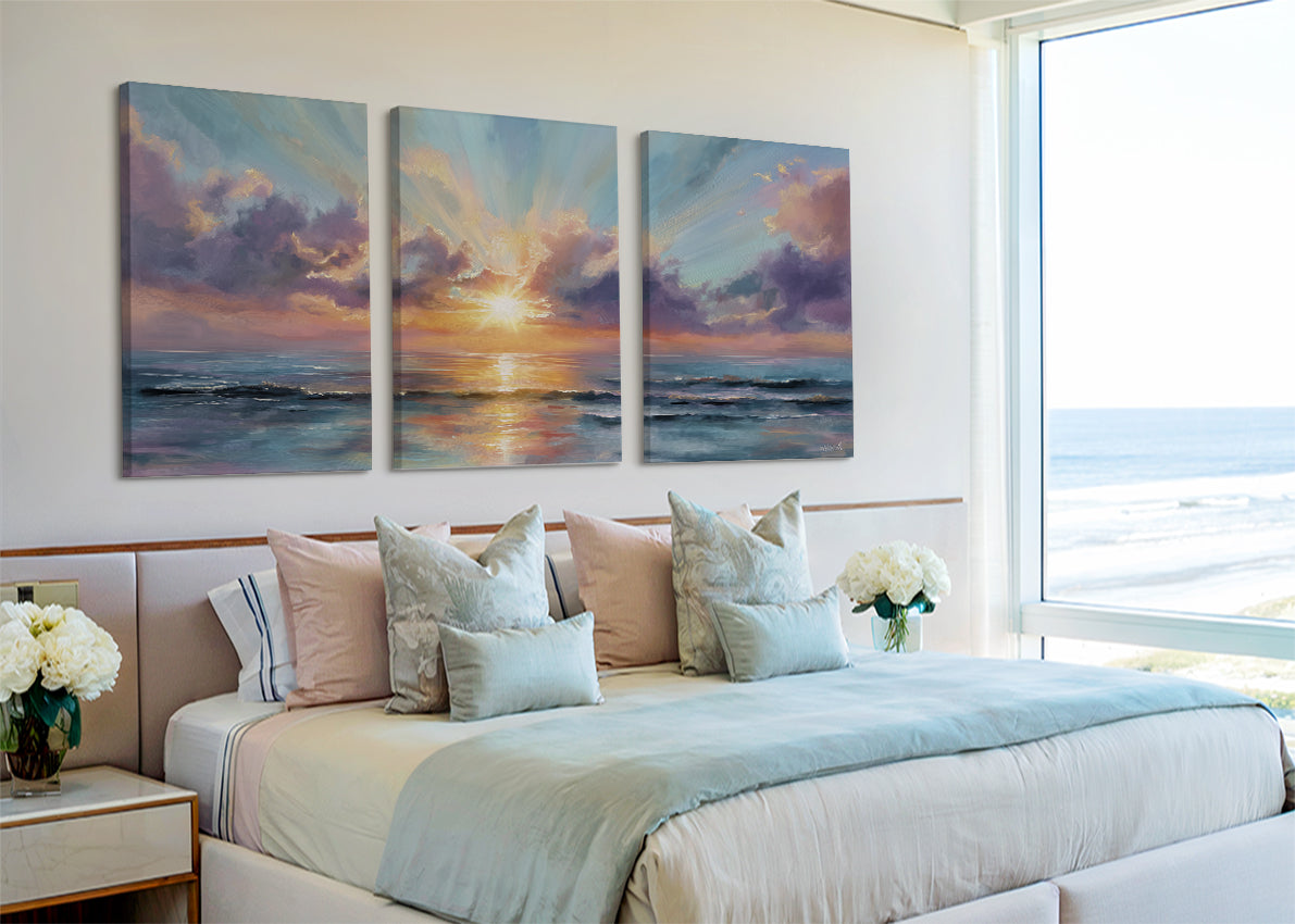Golden Sunrise Over Ocean Canvas Wall Art – Single & 3 Panel Split – AI PRINT LAB