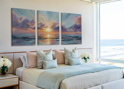 Golden Sunrise Over Ocean Canvas Wall Art – Single & 3 Panel Split – AI PRINT LAB