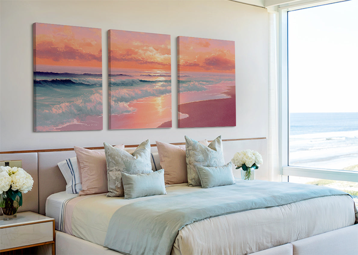 Golden Sunset Beach Waves Canvas Wall Art – Single & 3 Panel Canvas – AI PRINT LAB