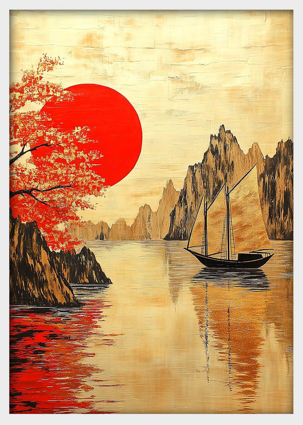 Golden Sunset Boat Scene Wall Art – Asian Landscape Canvas & Poster Print – T1400 –