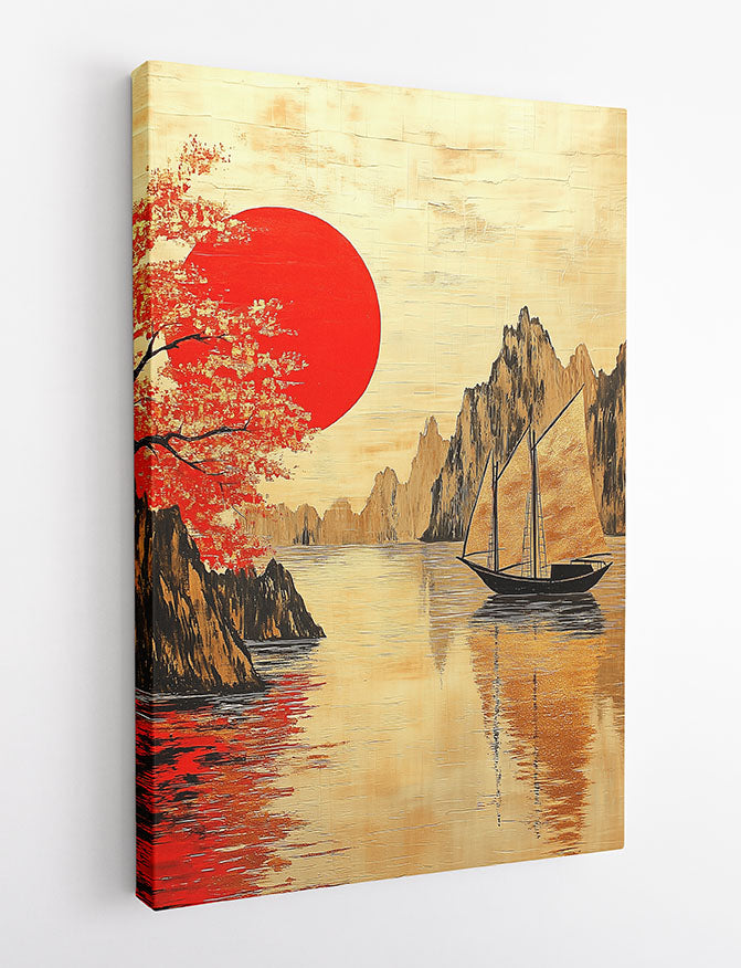 Golden Sunset Boat Scene Wall Art – Asian Landscape Canvas & Poster Print – T1400 –