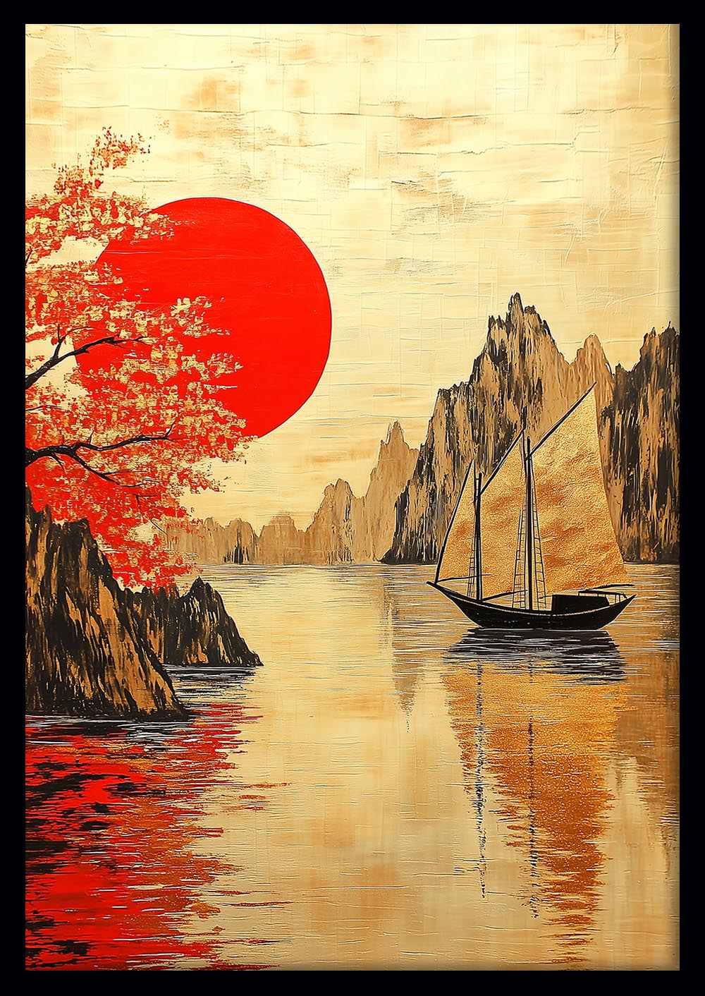 Golden Sunset Boat Scene Wall Art – Asian Landscape Canvas & Poster Print – T1400 –