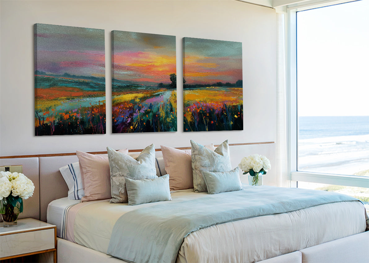 Golden Sunset Meadow Landscape Canvas Wall Art – Single & 3 Panel Split – AI PRINT LAB