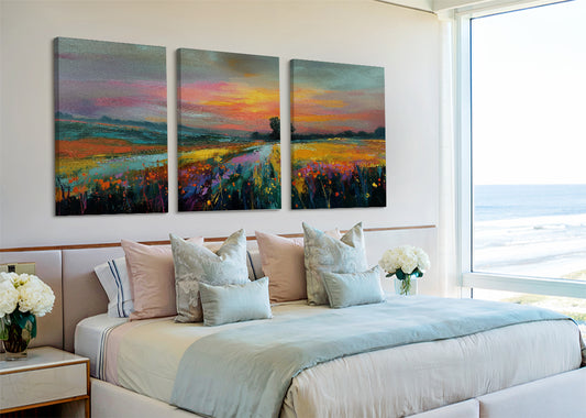 Golden Sunset Meadow Landscape Canvas Wall Art – Single & 3 Panel Split – AI PRINT LAB