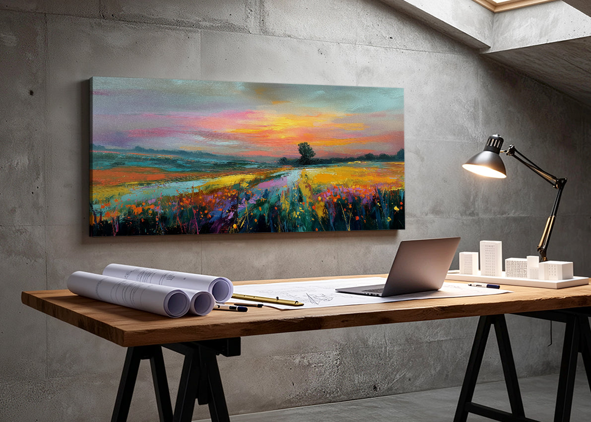 Golden Sunset Meadow Landscape Canvas Wall Art – Single & 3 Panel Split – AI PRINT LAB