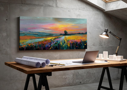 Golden Sunset Meadow Landscape Canvas Wall Art – Single & 3 Panel Split – AI PRINT LAB
