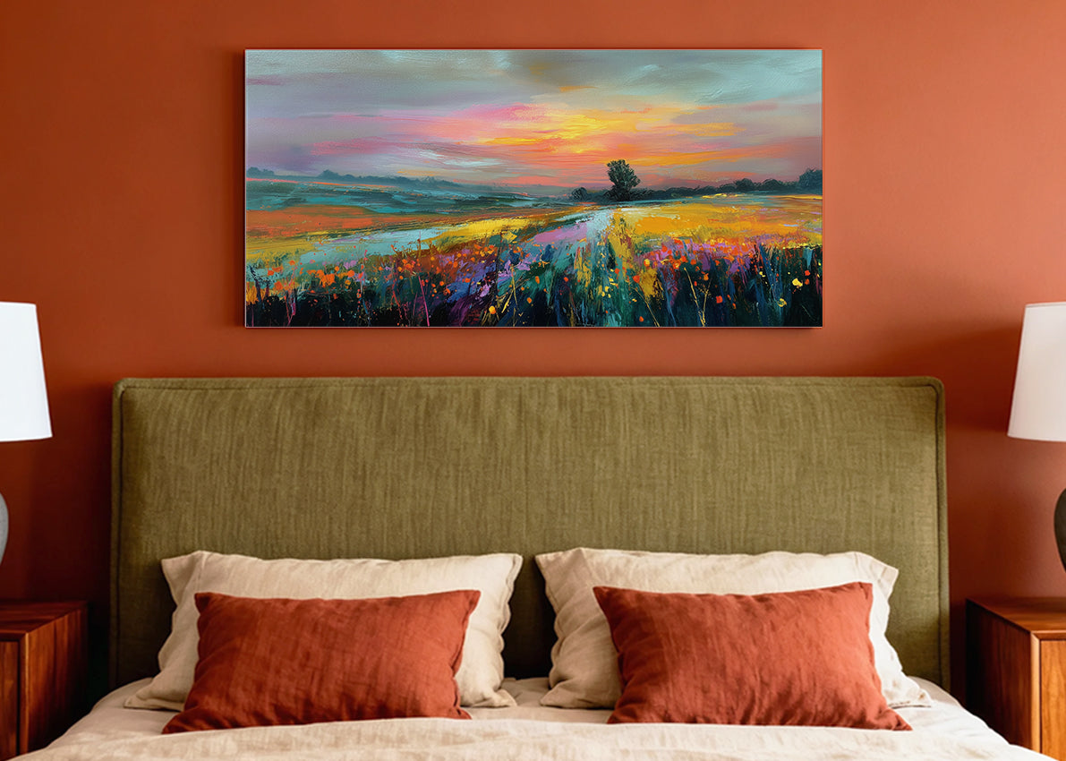 Golden Sunset Meadow Landscape Canvas Wall Art – Single & 3 Panel Split – AI PRINT LAB